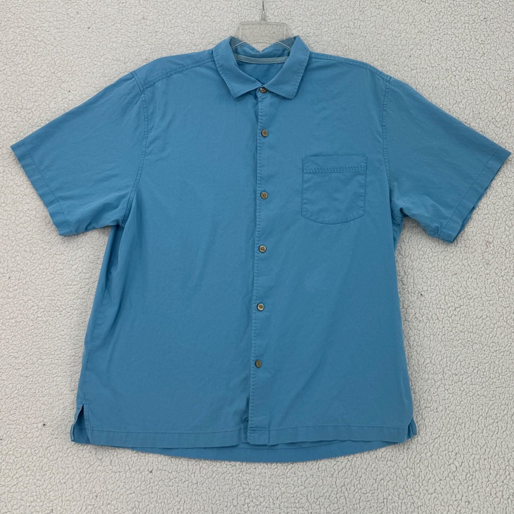 Tommy Bahama Button Down Shirt Men Size XL Blue Silk Blend Short Sleeve